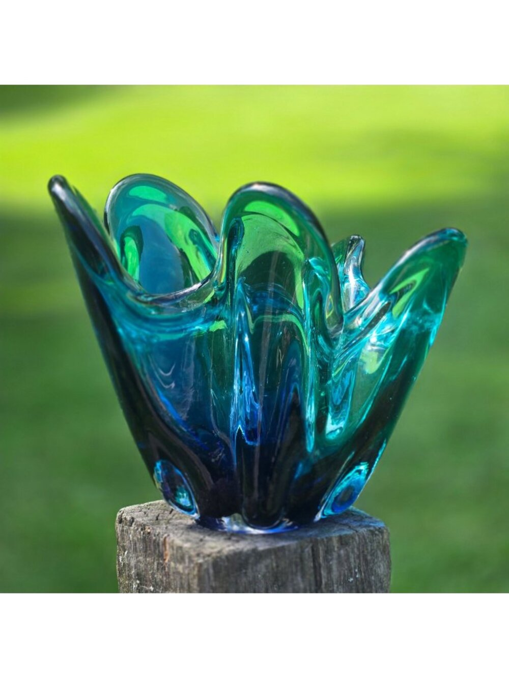 Turquoise Aquamarine Handkerchief Glass Vase MCM Mod Rippled VTG Sculptural Art